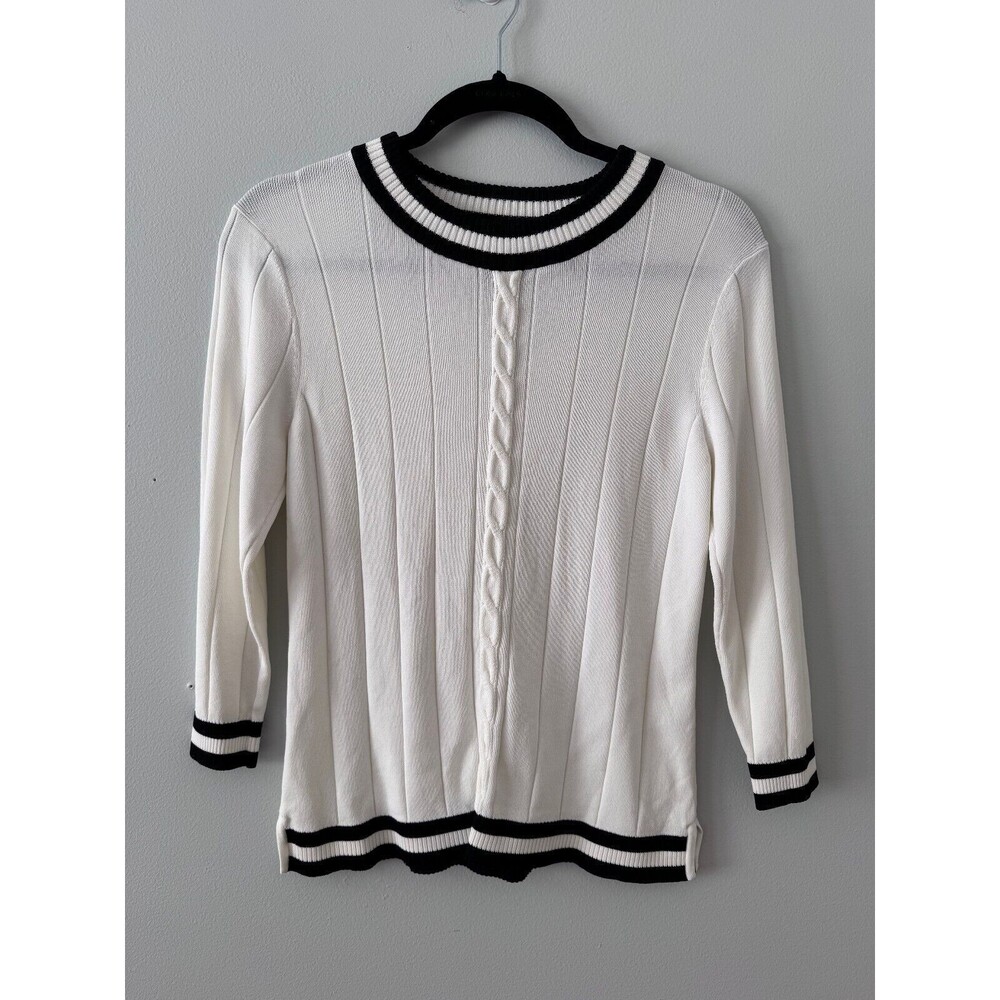Grace Dane Lewis Petite White Ribbed Cableknit Crewneck Sweater Size PS Preppy